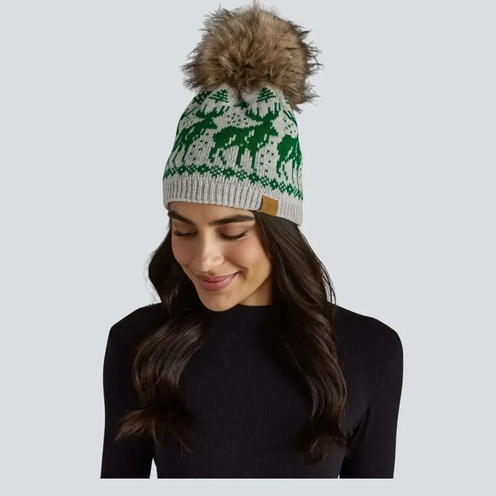 PANACHE Light Gray & Green Reindeer Pom Pom Beanie Hat